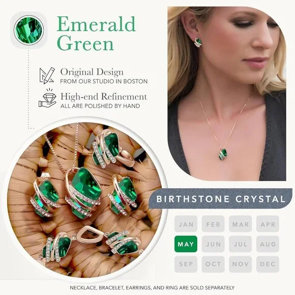 Women Gold Green Crystal Wish Stone Pendant Necklace with Birthstone - Picture 4 of 6